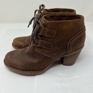 Clarks Brown Ankle Boots with Buckle Straps and Stacked Heel
